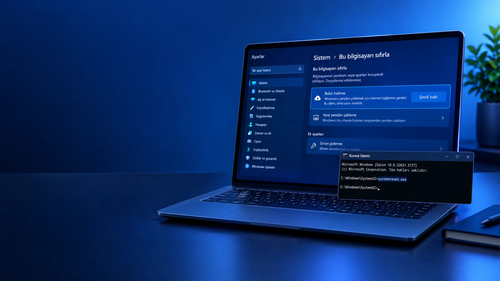 Bu bilgisayarı sıfırla çalışmıyor hatası çözümünü gösteren, Windows ayarları ve komut istemi ekranı.