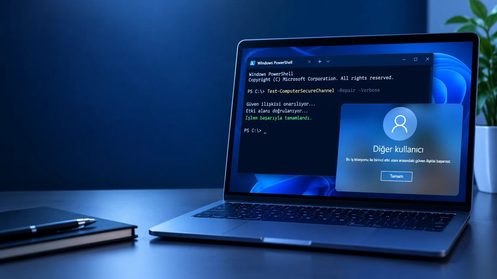 Bu iş istasyonu ile birinci etki alanı arasındaki güven ilişkisi başarısız hatasını çözen PowerShell ekranı.