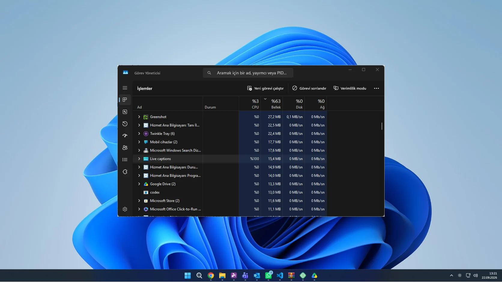 Canlı Açıklamalı Alt Yazılar bellek sızıntısı çözümünü gösteren görev yöneticisi ve Windows ayarları ekranı.