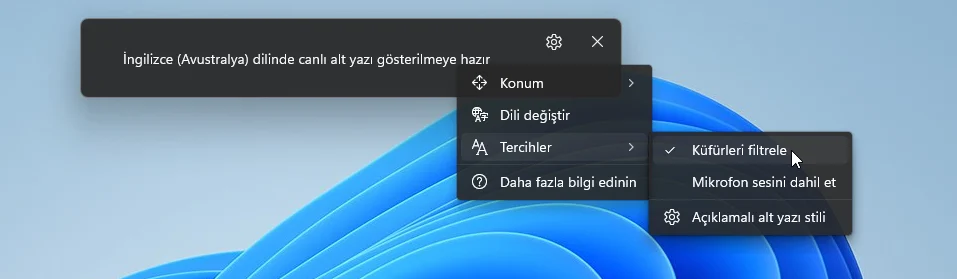 Canlı Açıklamalı Alt Yazılar Tercihler ekranında küfür filtresi ayarı