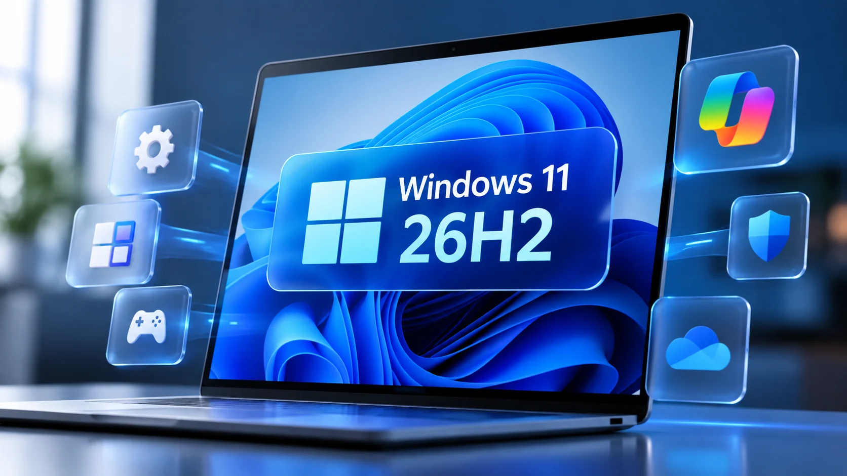 Windows 11 26H2 güncellemesini gösteren dizüstü bilgisayar ve Windows 11 arayüzü