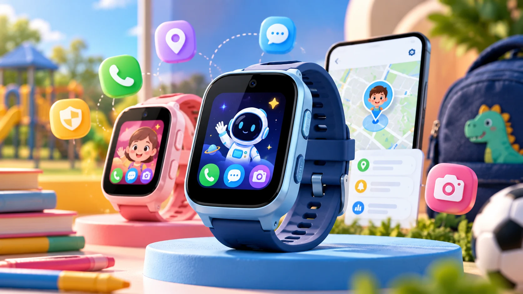 TCL Kids Watch K5 çocuk akıllı saati ve takip özelliklerini gösteren renkli tanıtım görseli
