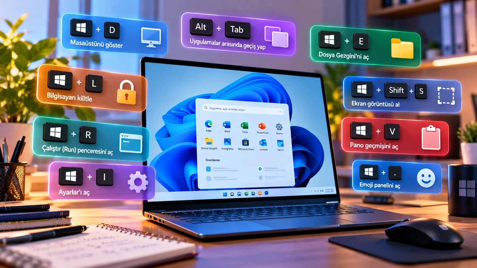 Windows 11 klavye kısayollarını gösteren dizüstü bilgisayar ve Windows kısayol tuşları görseli
