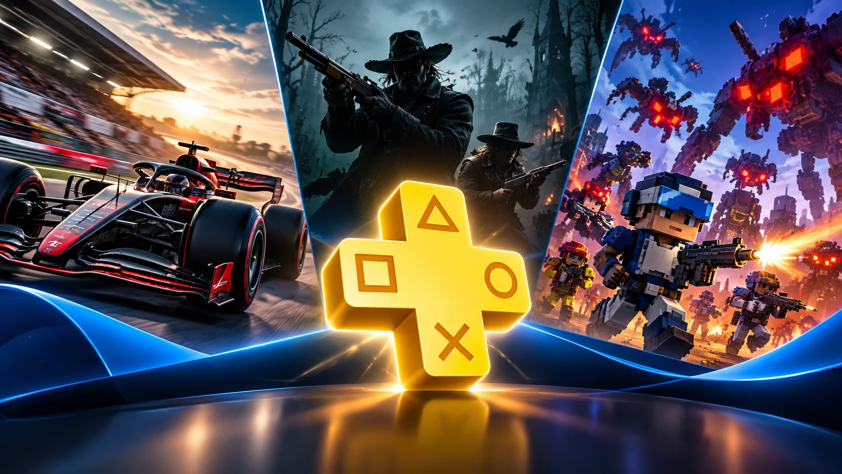PlayStation Plus Ekim 2026 ücretsiz oyunlarını temsil eden yarış, aksiyon ve savaş temalı görsel