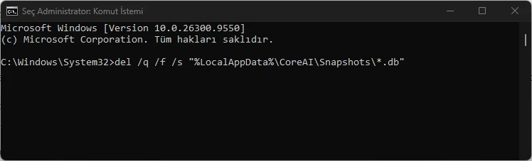 Komut İstemi'nde CoreAI Snapshots veri tabanı dosyalarının silinmesi