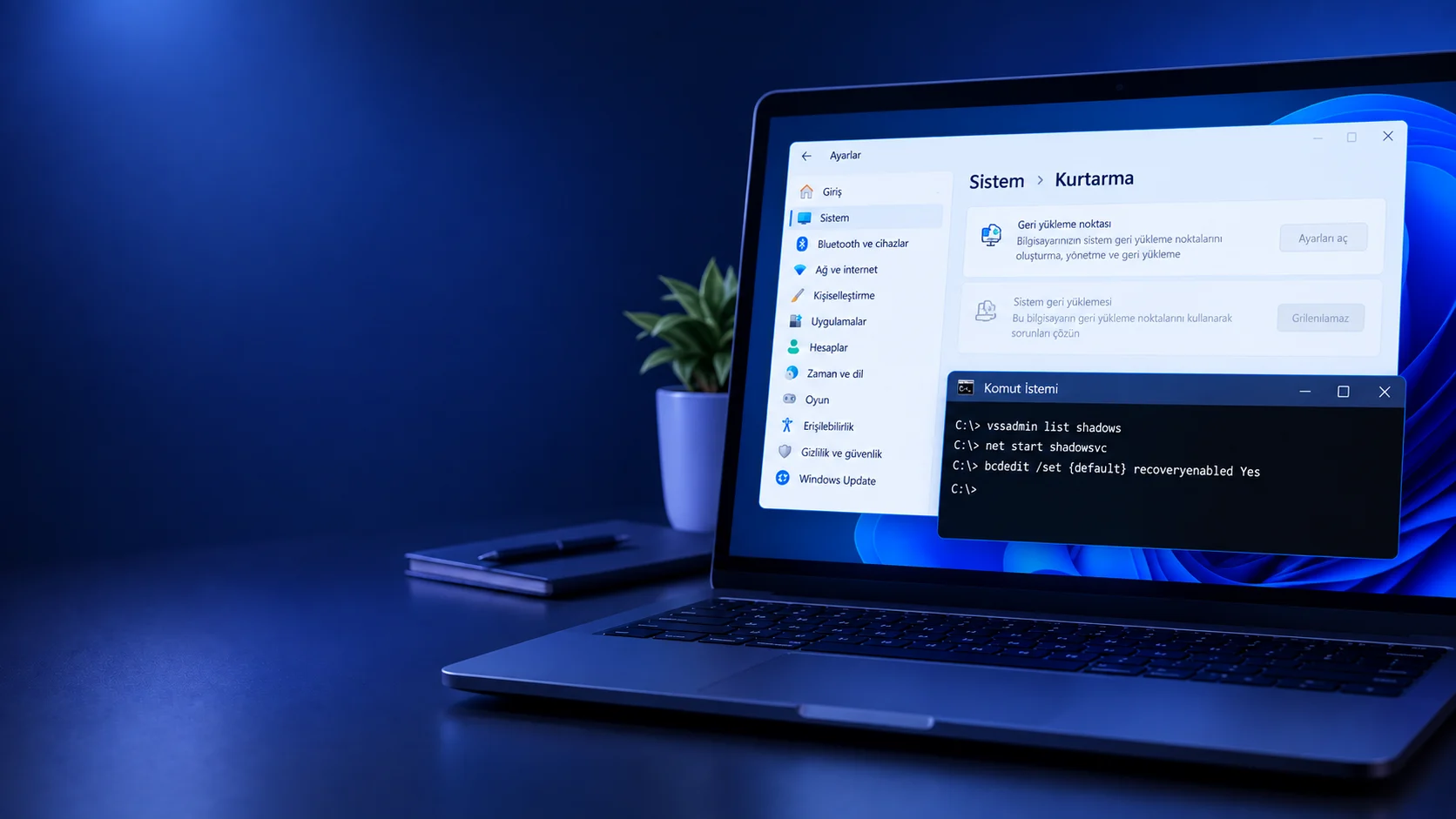 Geri yükleme noktası pasif sorununu çözen Windows 11 sistem ayarları ve komut istemi ekranı.