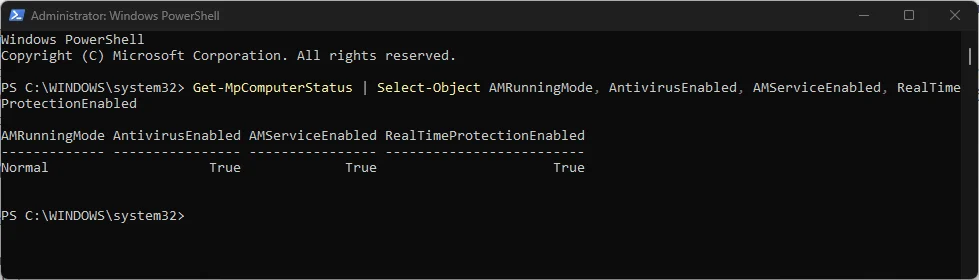 Get-MpComputerStatus komutunun PowerShell çıktısı
