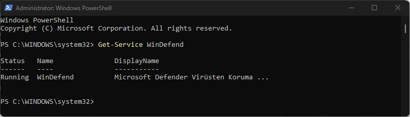 Get-Service WinDefend komutunun çıktısı