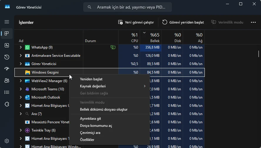 Görev Yöneticisi'nde Windows Gezgini'nin yeniden başlatılması