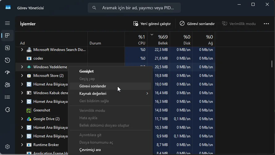 Görev Yöneticisinde Windows Yedekleme görevinin sonlandırılması