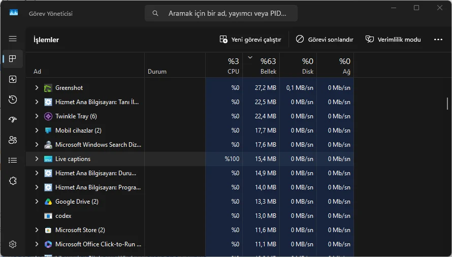 Görev Yöneticisi'nde mscaptions.exe işleminin sonlandırılması