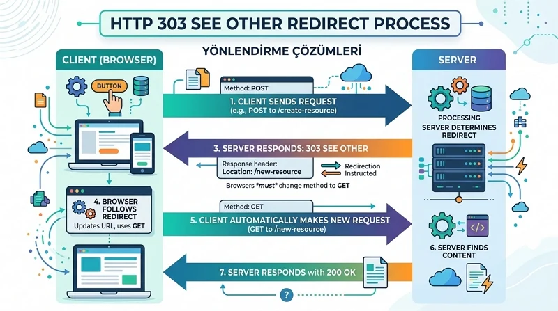 HTTP 303 yönlendirmesi POST isteğinden sonra tarayıcıyı GET isteğine geçirerek süreci düzenler.