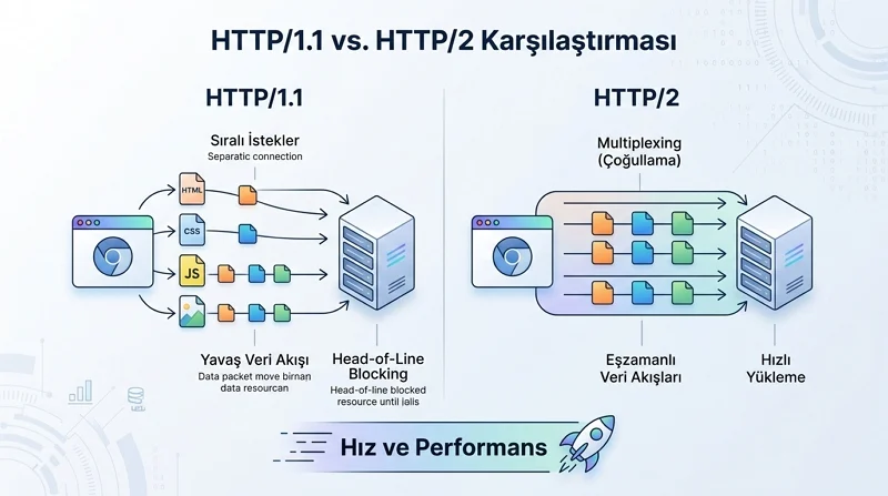 HTTP/2 çoklama özelliğiyle HTTP/1.1'e göre daha hızlı veri akışı ve performans sağlar.