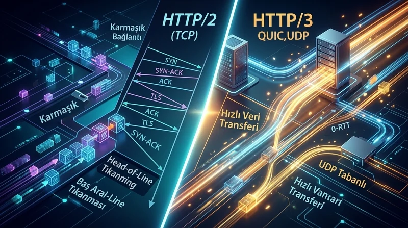 HTTP/3 Nedir konusu, HTTP/2 ile bağlantı yönetimi ve veri aktarım farklarını açıklar.