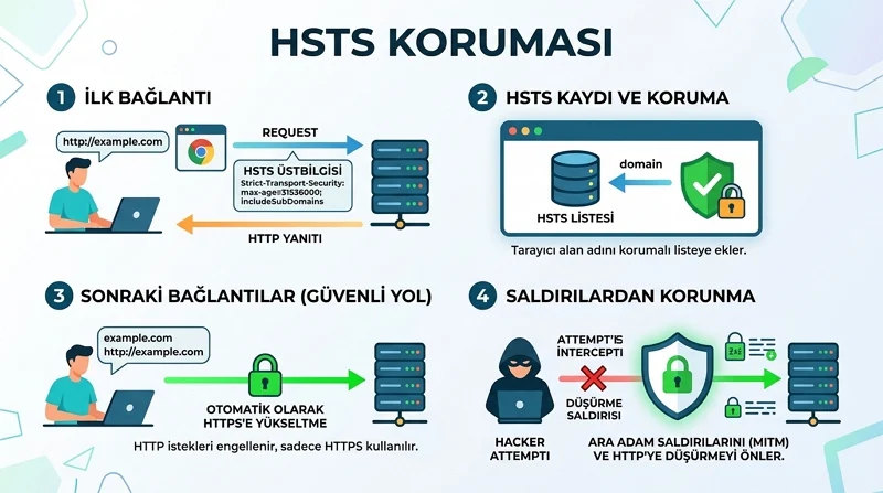 HTTPS Sunucusunda HSTS Eksik sorunu, tarayıcıların HTTPS bağlantısını zorunlu kullanmasını engelleyebilir.