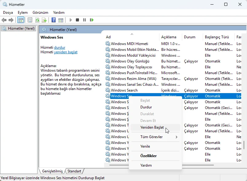 Hizmetler penceresinde Windows Ses hizmetinin yeniden başlatılması