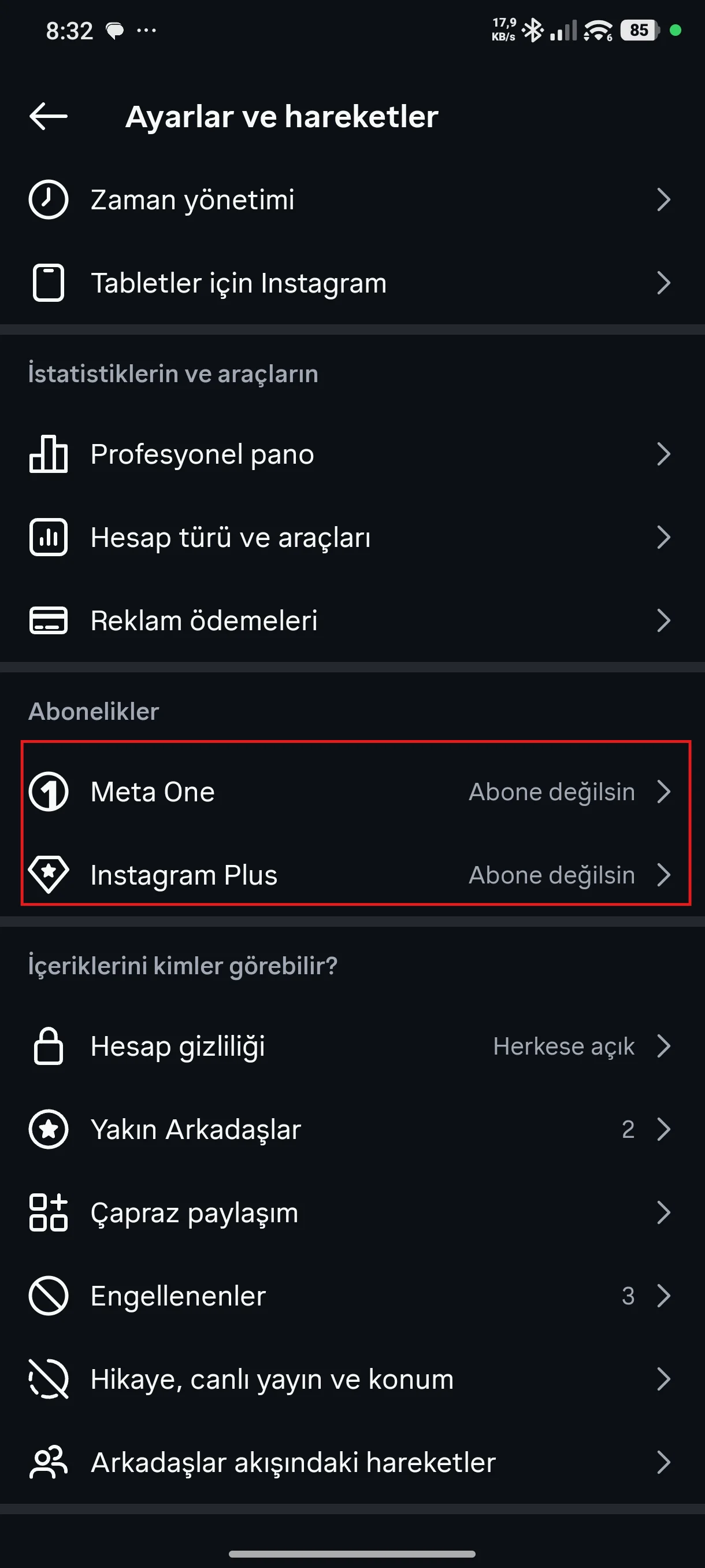 Instagram Ayarlar ve gizlilik menüsünde Abonelikler listesinin gösterilmesi