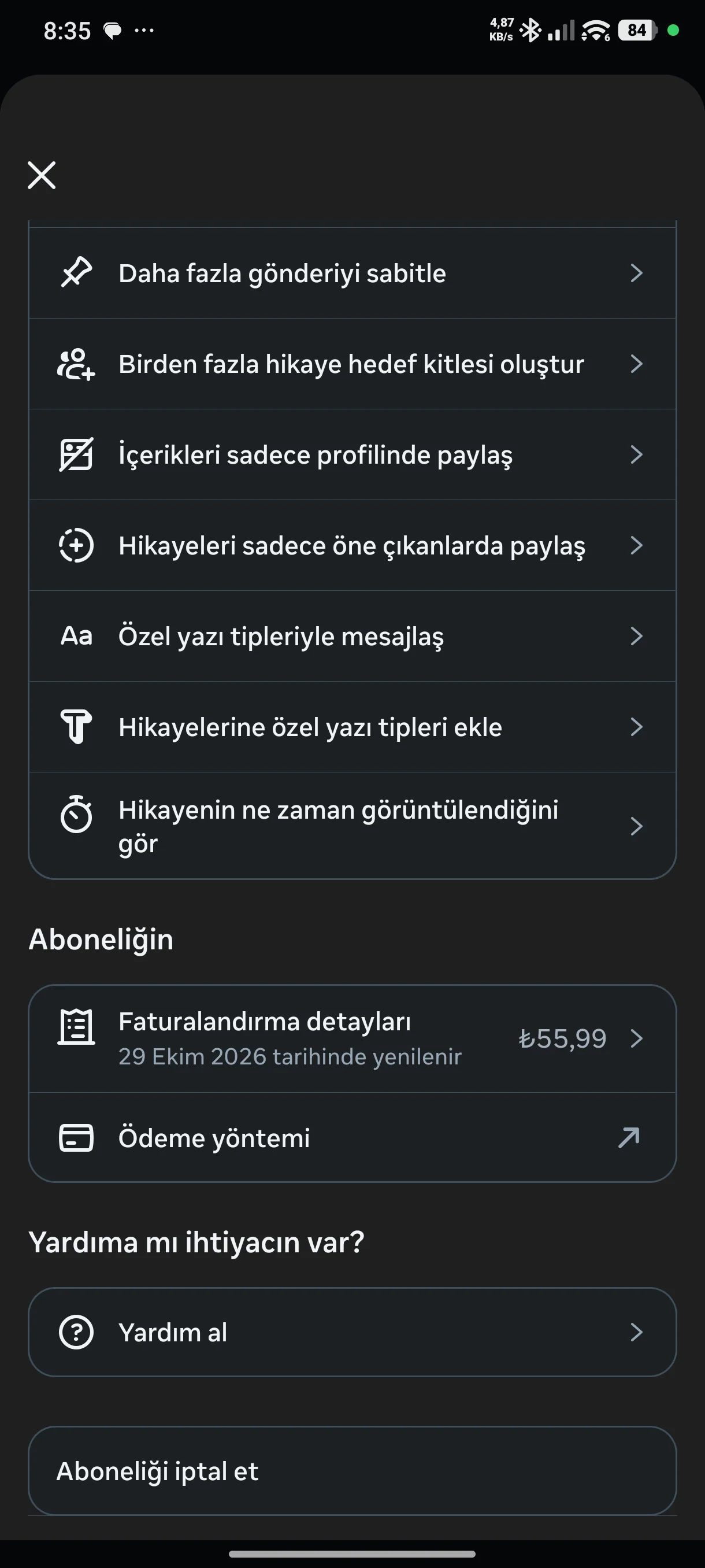 Abonelikler listesinde her iki paketin de iptal edildi durumunda gösterilmesi