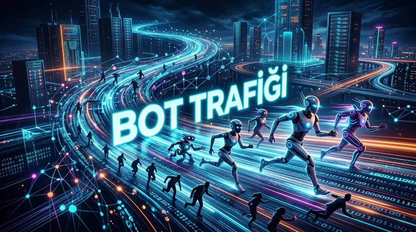 İnternet Trafiğinde Botlar, insan trafiğini aşan otomatik veri akışını simgeliyor.