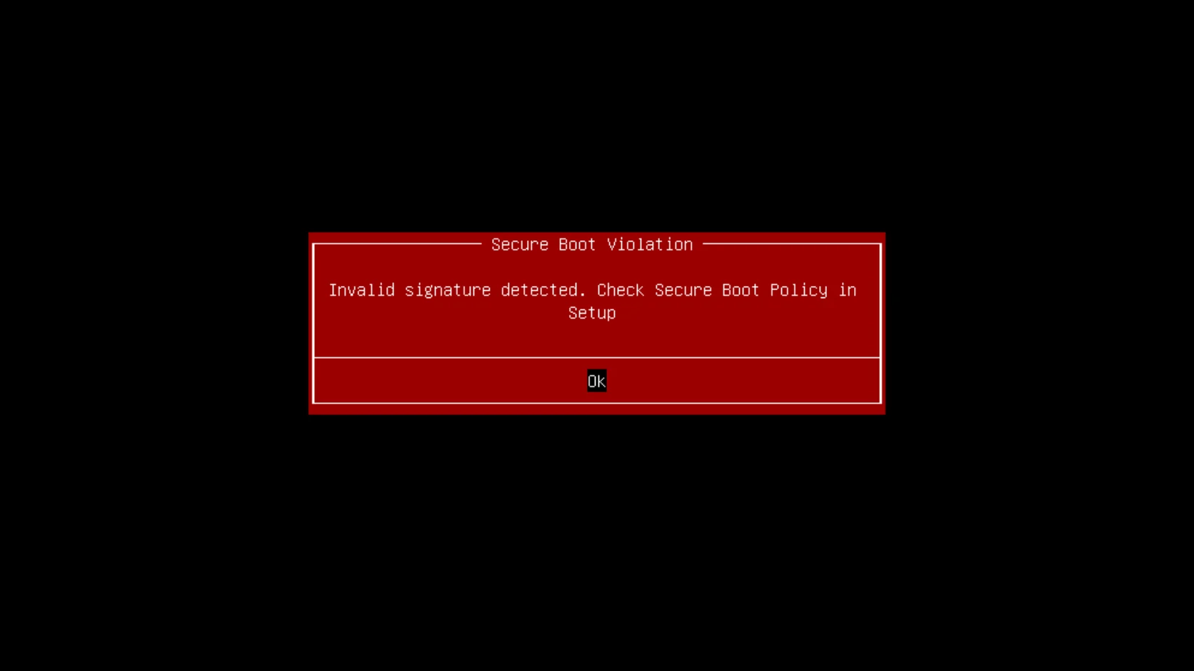 Invalid signature detected hatası çözümünü gösteren, BIOS ekranında Secure Boot anahtarlarının sıfırlandığı bilgisayar monitörü.