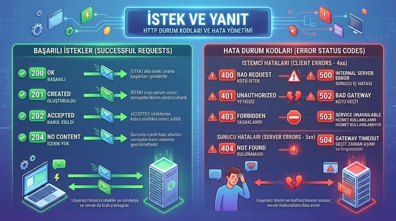 JavaScript HTTP İstekleri durum kodlarıyla başarılı yanıtları ve bağlantı hatalarını ayırt etmeyi sağlar.