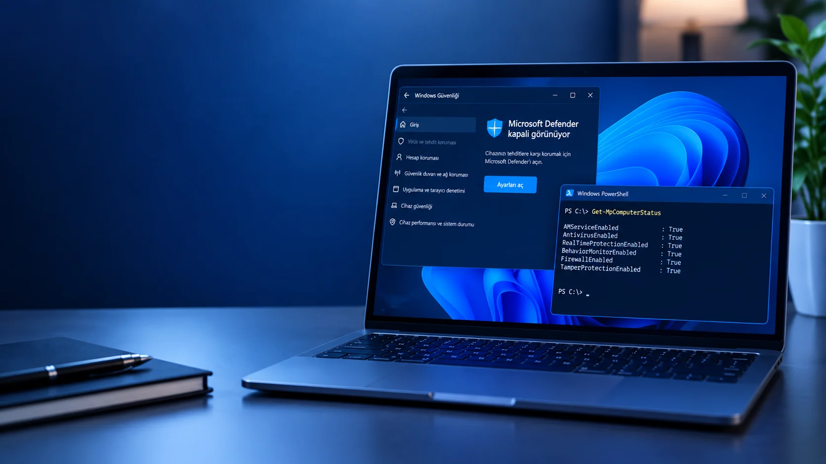 Microsoft Defender kapalı görünüyor uyarısını inceleyen ve PowerShell komutlarıyla doğrulama yapan bilgisayar ekranı.