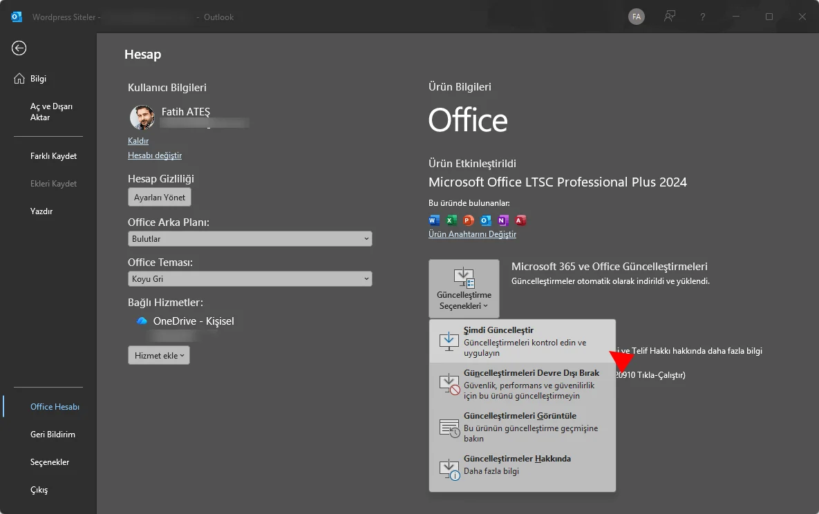 Office Hesabı ekranında Güncelleştirme Seçenekleri menüsü