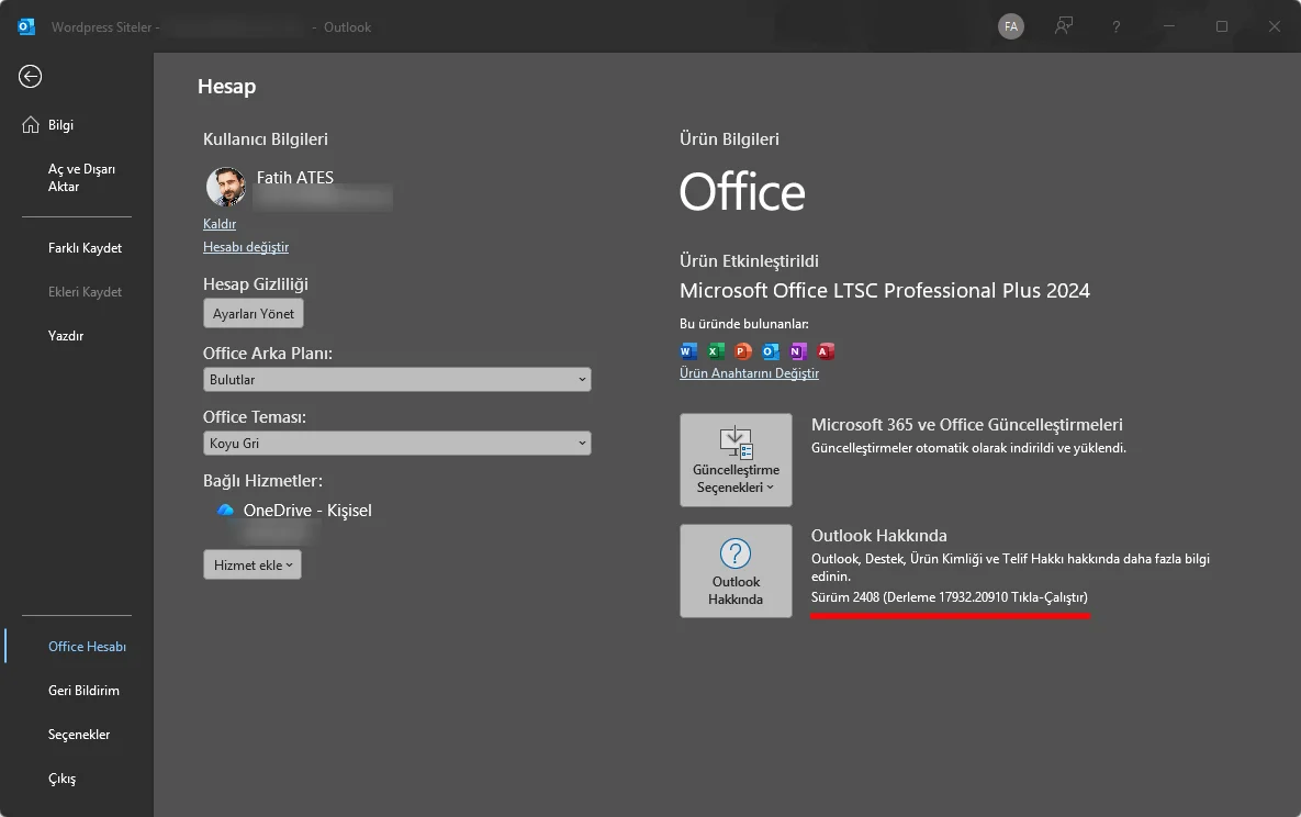 Outlook Hakkında penceresinde sürüm ve build numarası