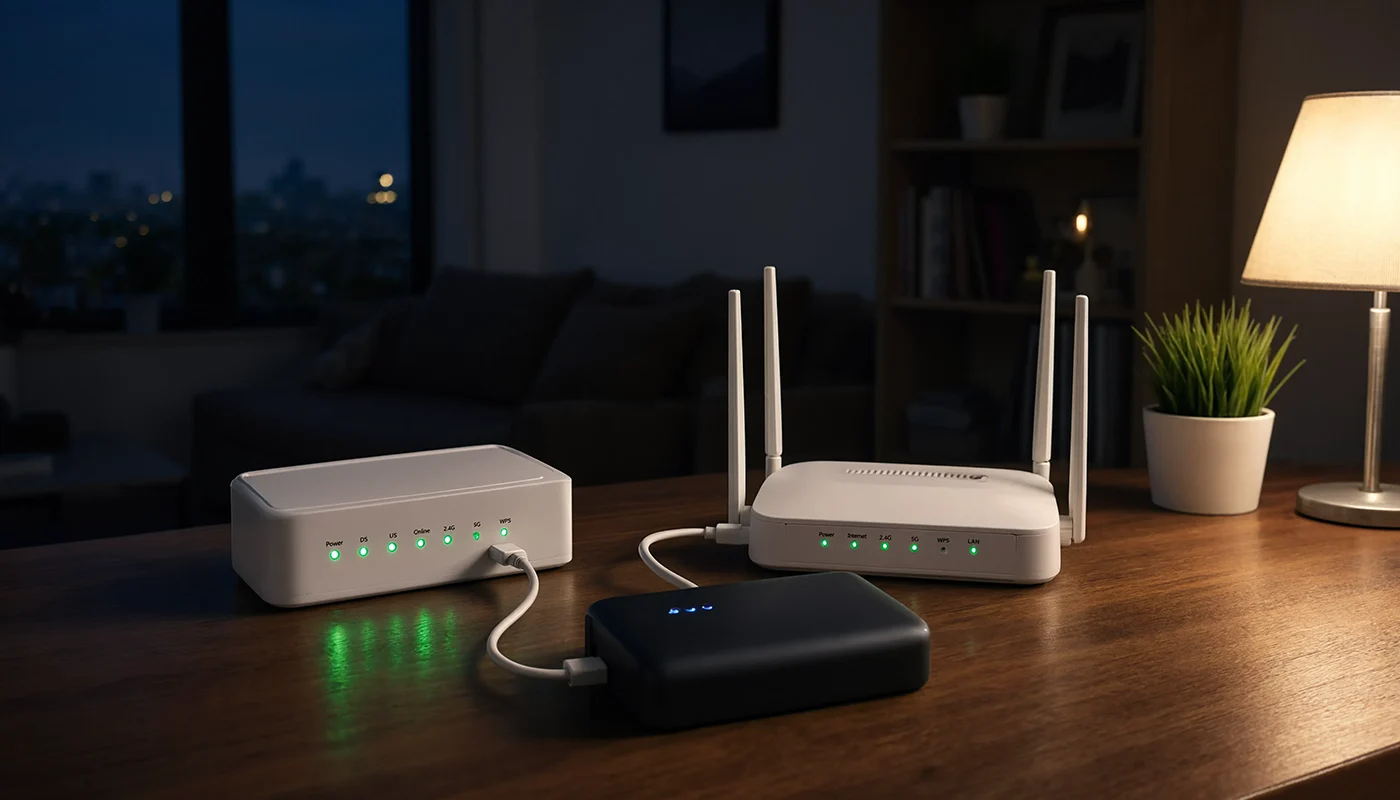 Elektrik kesintisinde powerbank ile beslenen bir modem ve router düzeneği