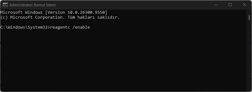 Komut İstemi penceresinde reagentc enable komutunun çalıştırılması