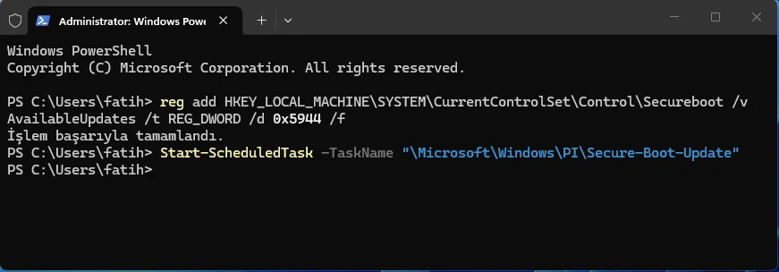 Start-ScheduledTask komutunun Terminal üzerinde çalıştırılması