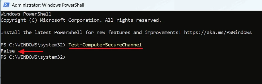 Test-ComputerSecureChannel komutunun PowerShell çıktısı