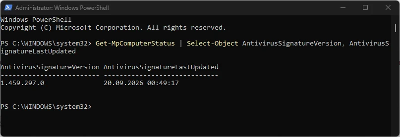 Update-MpSignature komutunun çalışma çıktısı
