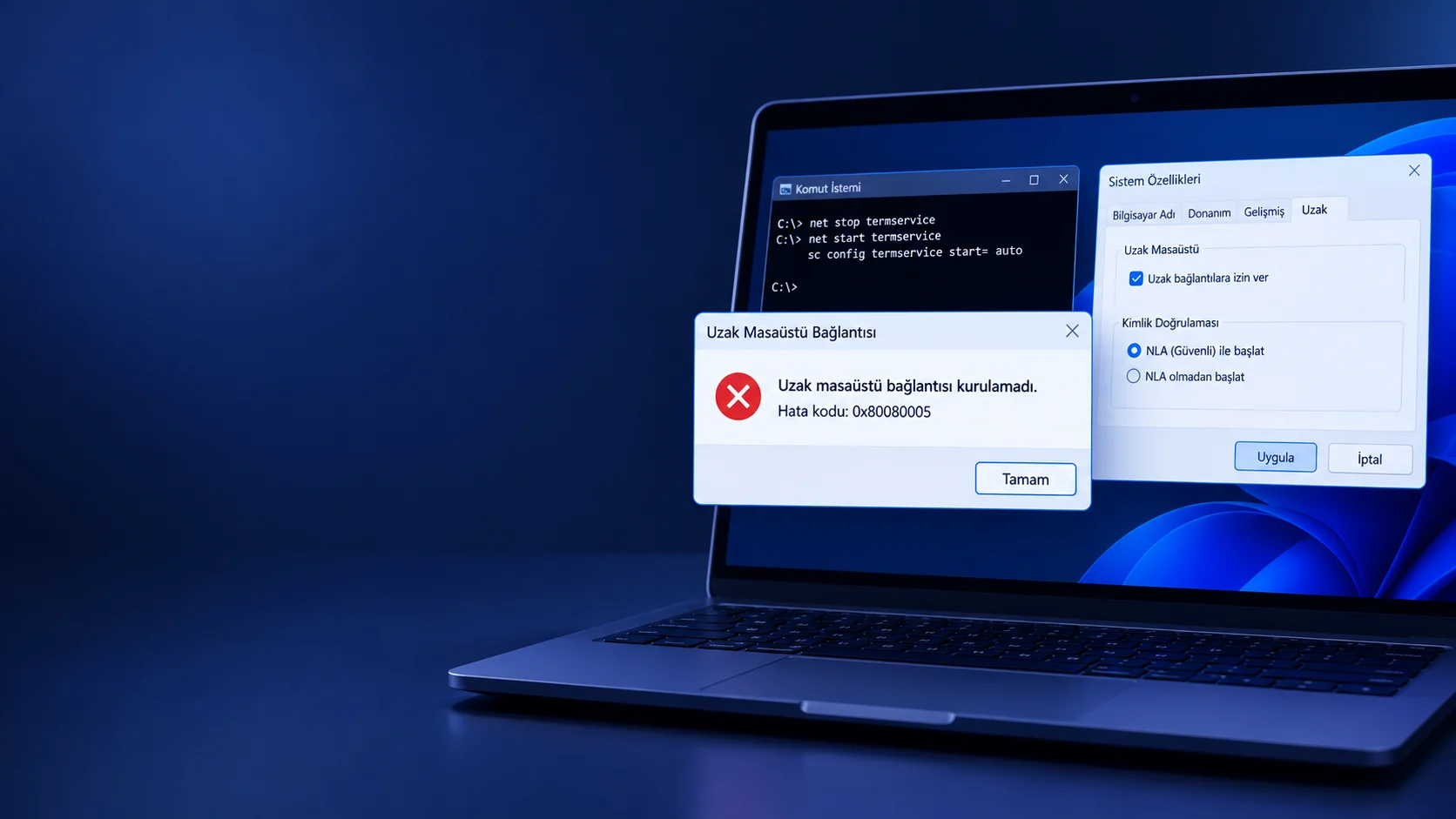 Uzak masaüstü 0x80080005 hatası çözümünü sağlayan komut istemi ve NLA ayarlarını gösteren bilgisayar ekranı.