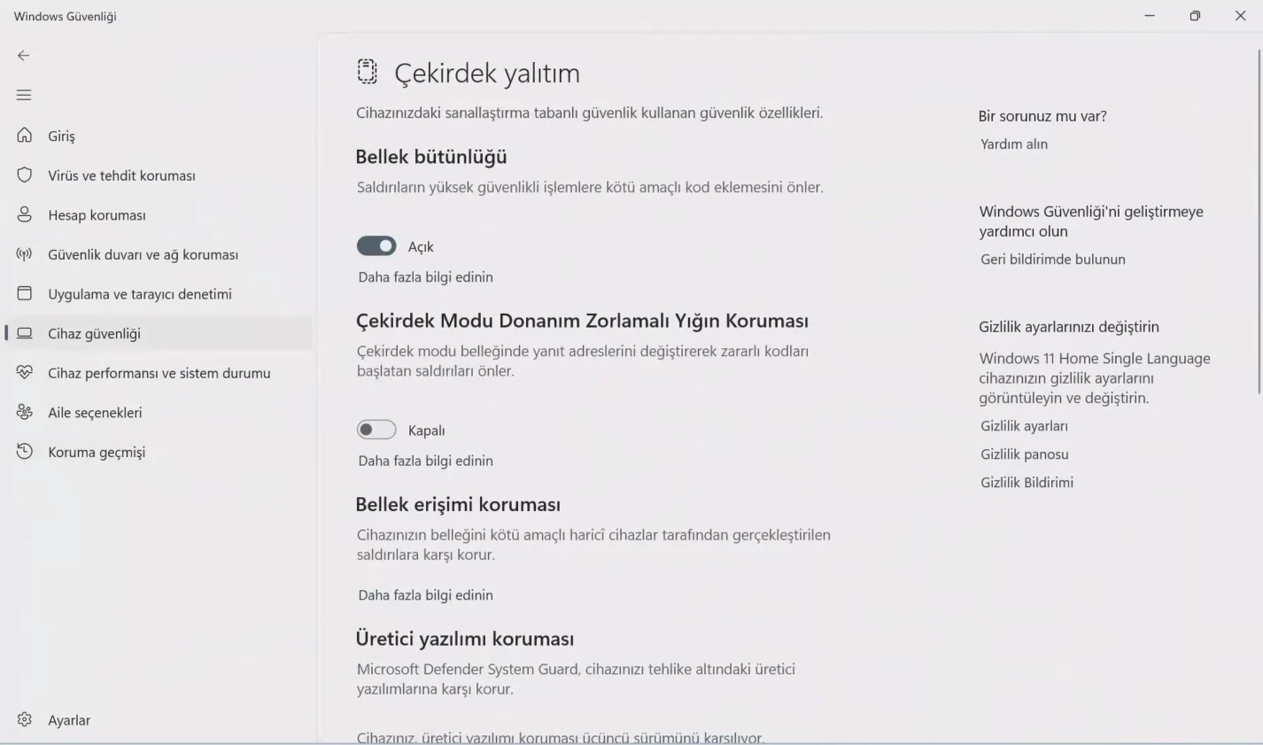 Bellek Bütünlüğü ayarının Çekirdek yalıtımı ekranı