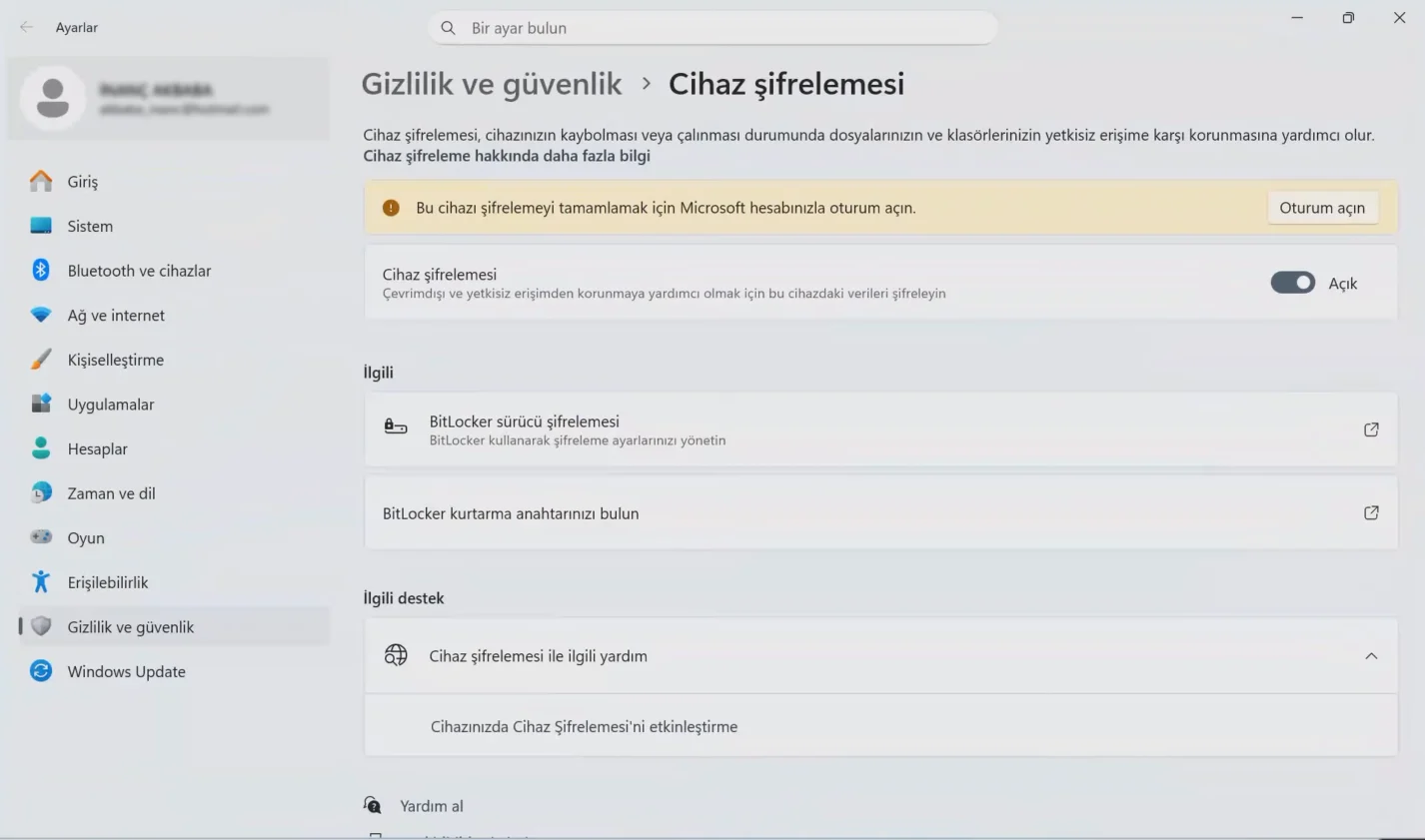Cihaz Şifreleme ayarının bulunduğu ekran