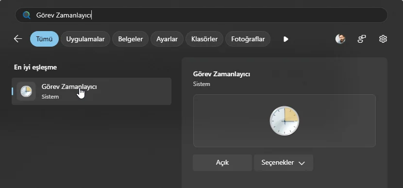 Başlat menüsünde Görev Zamanlayıcı uygulamasının açılması