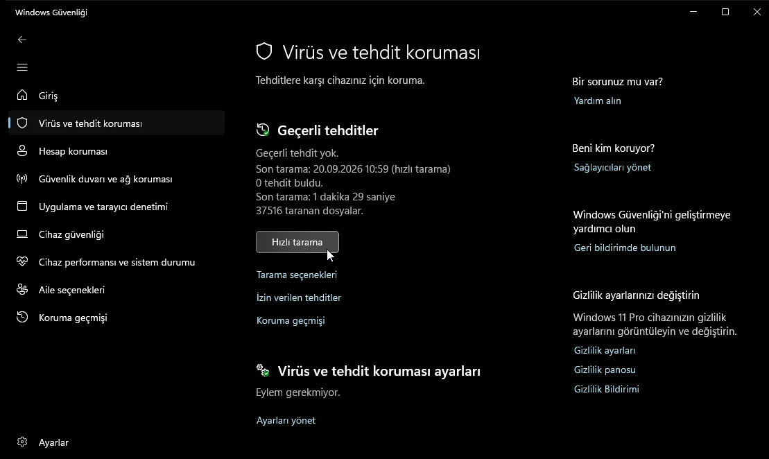 Windows Security Hızlı Tarama ekranı