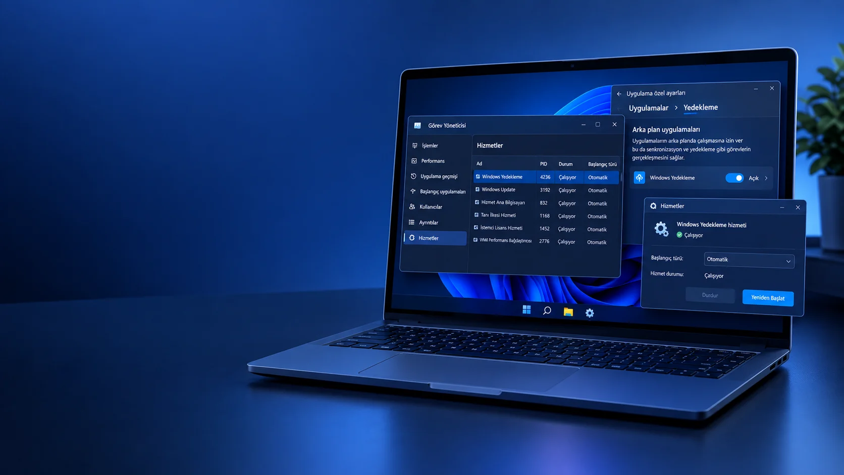 Windows yedekleme yüzde 99'da kalıyor sorununu çözen görev yöneticisi ve hizmetler ayarlarını gösteren ekran.