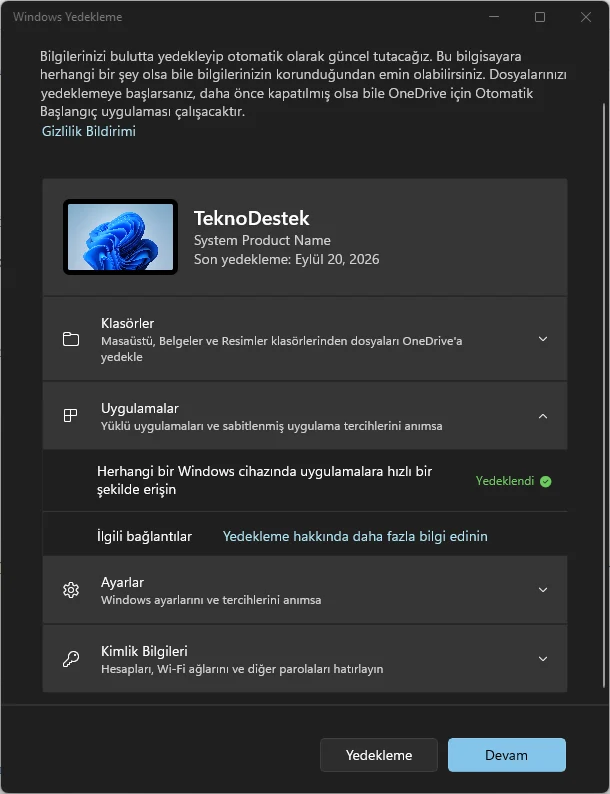 Windows Yedekleme uygulamasında Uygulamalar bölümü ve Uygulama tercihleri seçeneğinin işaretinin kaldırılması