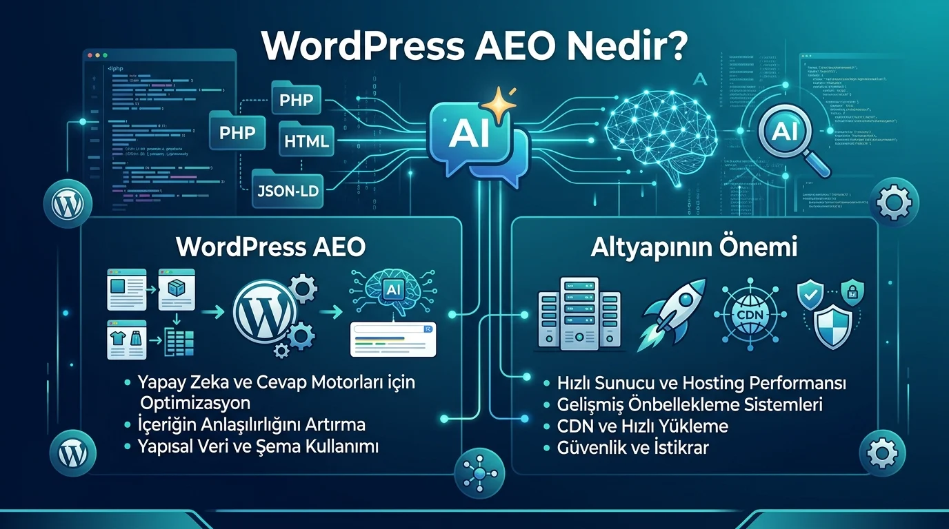WordPress AEO, içerik ile altyapının yapay zekâ görünürlüğündeki ortak rolünü açıklar.