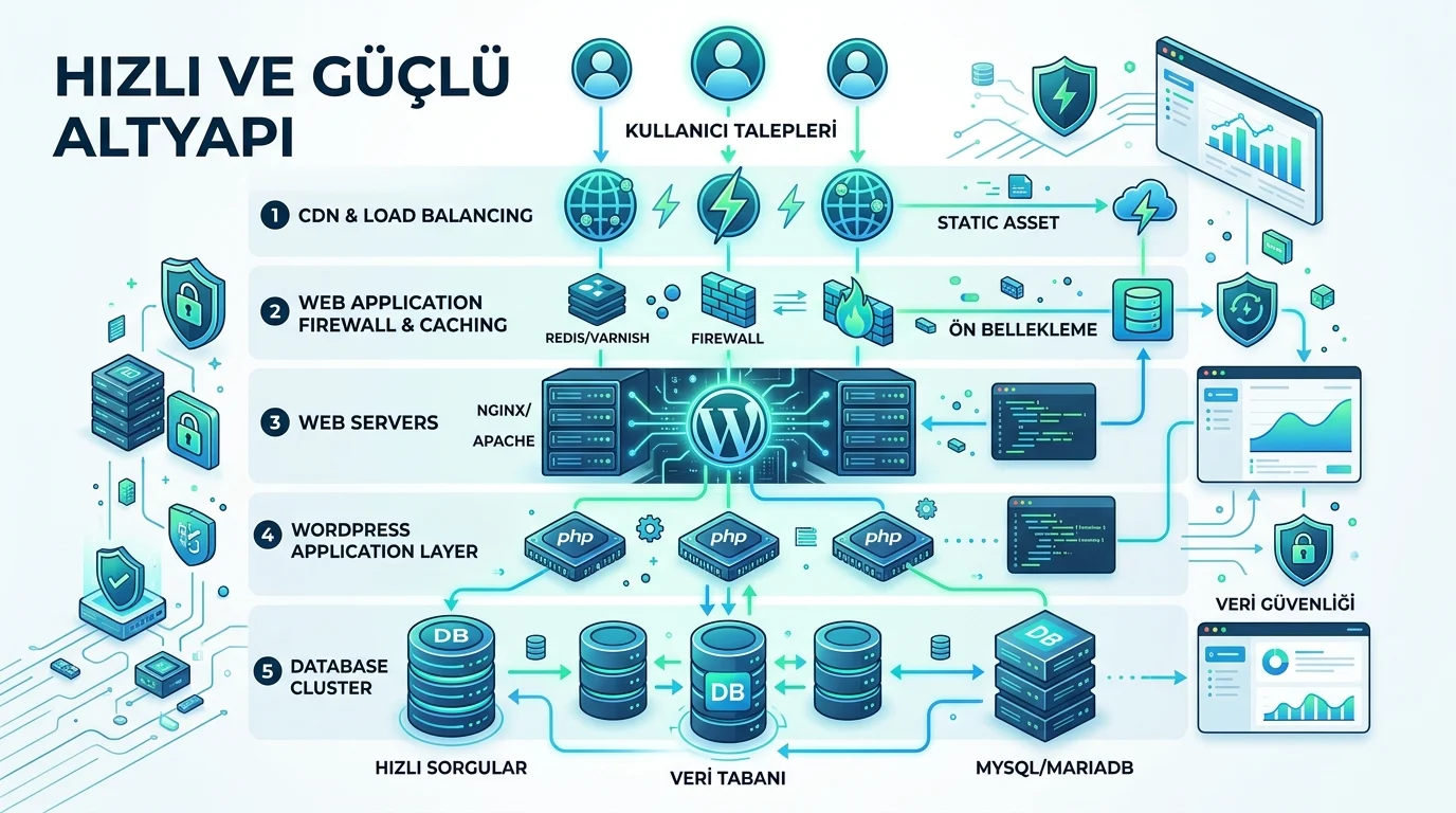 WordPress AEO, hızlı sunucu, önbellek ve veritabanı katmanlarının önemini gösterir.