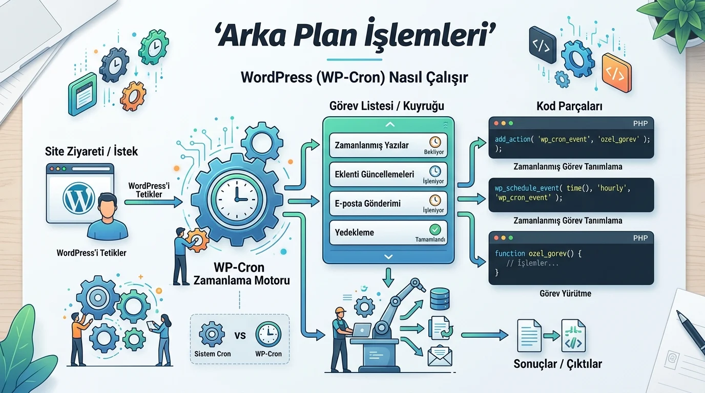 WordPress Arka Plan İşlemleri için WP-Cron görev akışını ve zamanlamayı gösteren çalışma yapısı