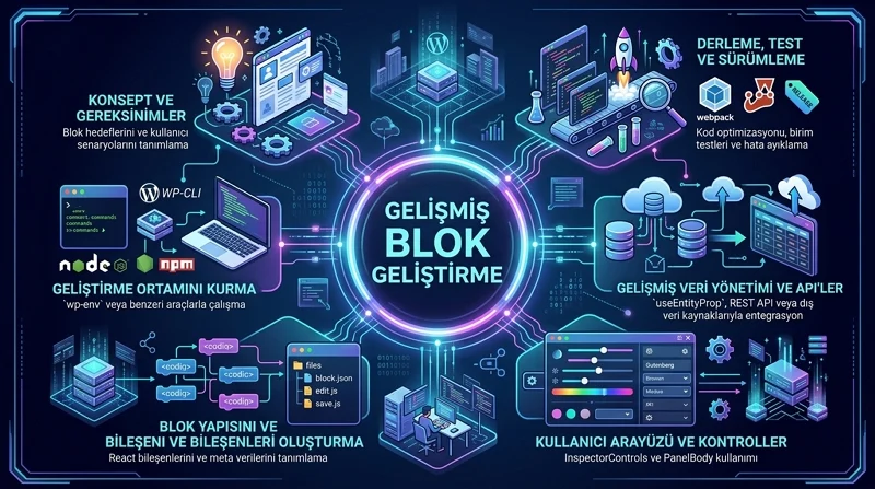 WordPress Blocks API gelişmiş blok geliştirme sürecinde bileşen, veri ve test yönetimini destekler.