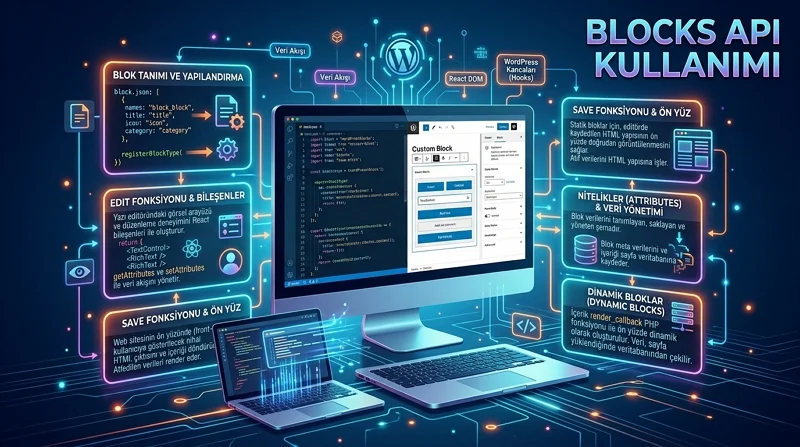 WordPress Blocks API özel blokların nitelik, görünüm ve dinamik içerik davranışlarını yönetmeyi sağlar.