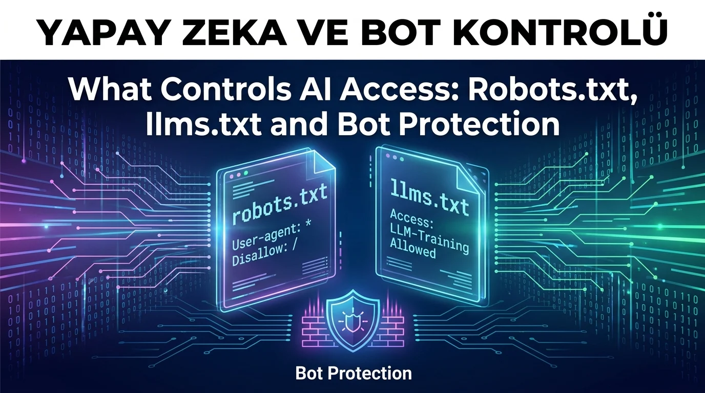 Yapay Zekâ Erişimi robots.txt, llms.txt ve bot korumasıyla birlikte yönetiliyor.