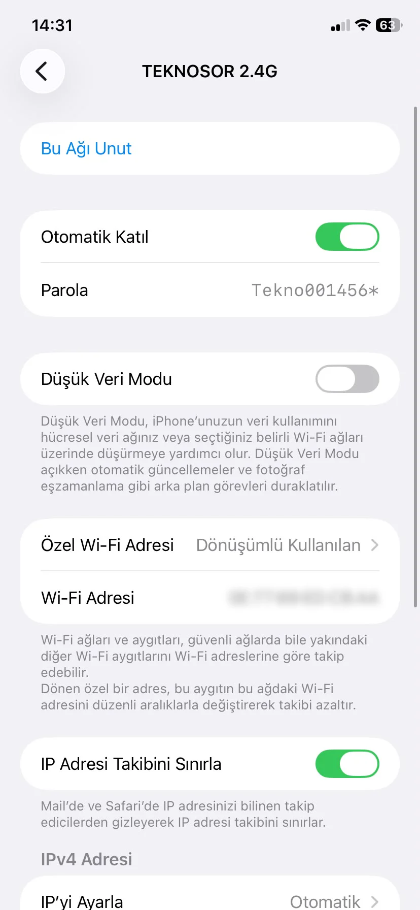 iPhone Ayarlar uygulamasında Wi-Fi şifresinin görüntülendiği ekran görüntüsü