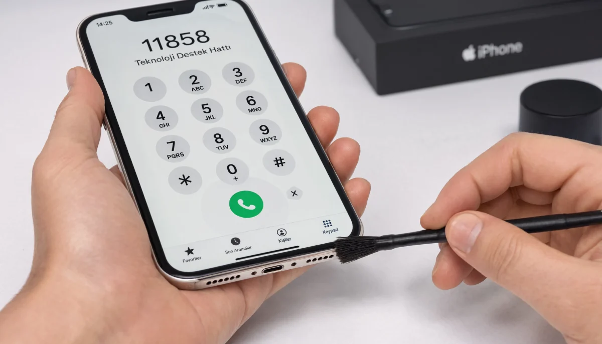 iPhone hoparlör ızgarasının temizlenmesi için güvenli açı ve malzeme gösterimi
