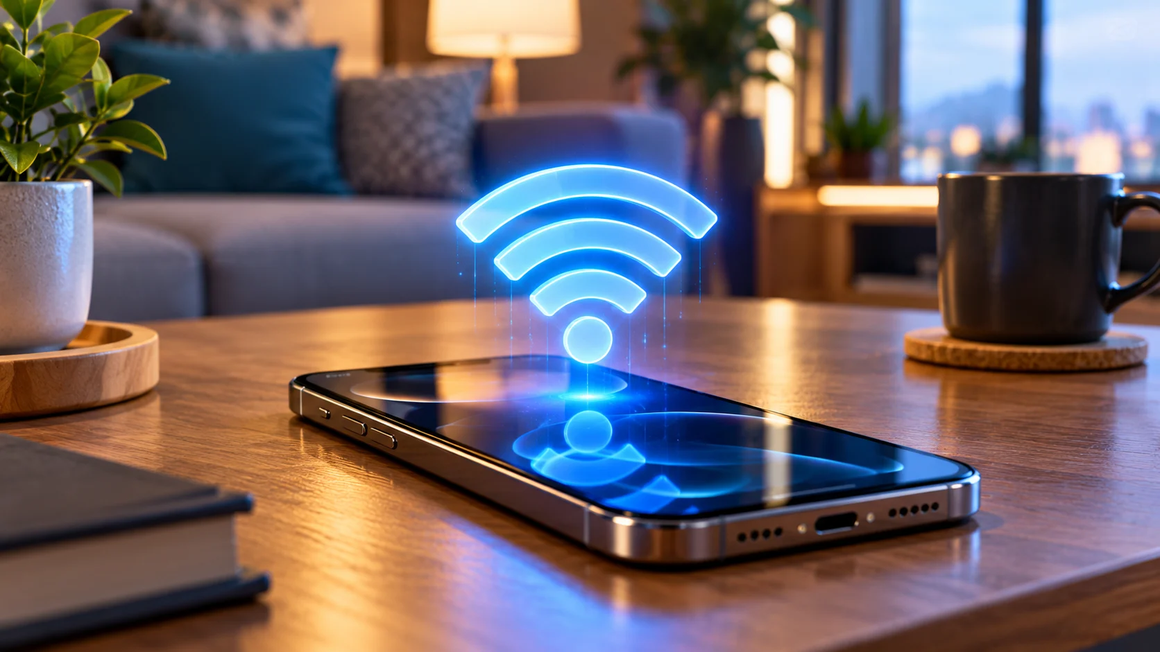 iPhone Wi-Fi Şifresi Öğrenme işlemini temsil eden, ekranının üzerinde parlak bir Wi-Fi simgesi süzülen modern bir akıllı telefon tasarımı.