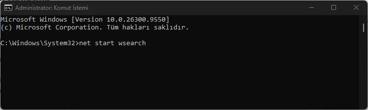 Komut İstemi'nde net start wsearch komutunun çalıştırılması